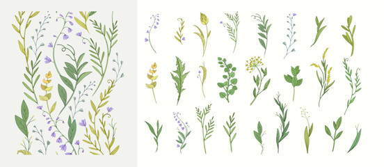 Obraz premium Floral set with colorful wild flowers and elegant branch. Botanical foliage for wedding invitation or wall art. Vector illustration