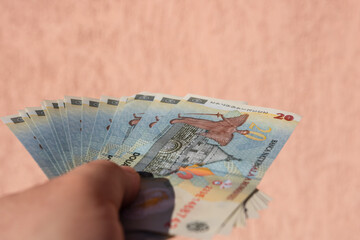 Man hand holding Romanian money banknotes, showing paper texture and symbols of Romanian currency