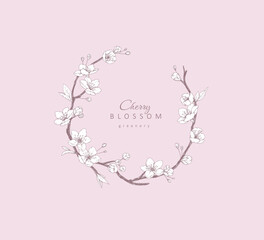 Naklejka premium Cherry blossoms. Spring frames or wreath with flowers and brunch. Detailed botanic floral collection for Valentines day invitation, wallpaper