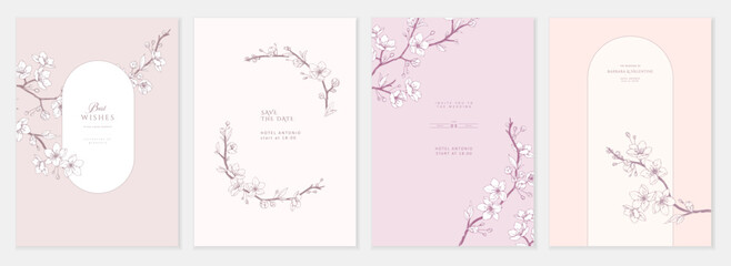 Fototapeta na wymiar Set of card with cherry blossoms, flowers and brunch. Detailed template layout design, brochure or cover for Valentines day or wedding