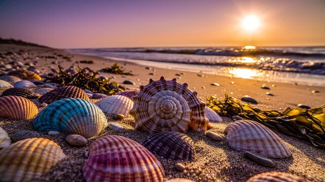 Seashells on Sandy Beach at Sunset - A Beautiful Coastal Scenery Video