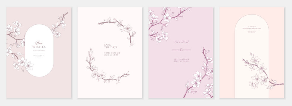 Set of card with cherry blossoms, flowers and brunch. Detailed template layout design, brochure or cover for Valentines day or wedding