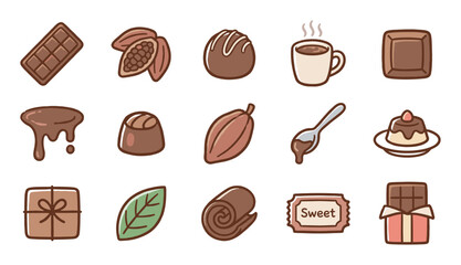 Charming set of hand-drawn chocolate icons including bars, cacao pods, hot cocoa, and various sweets in a cute cartoon illustration style for confectionery and dessert concepts