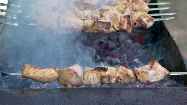 Traditional georgian mtsvadi, grill on the coals with smoke. Shashlik, barbecue. Slow motion