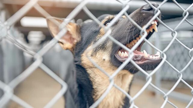 Vicious German Shepherd guard dog barking ferociously behind a chain link fence. The purebred animal is showing its sharp teeth and fangs