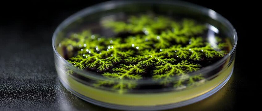 Petri dish showcasing vibrant green algae in intricate patterns.