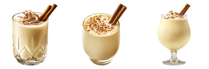 Delicious eggnog cocktails, topped with a dusting of spices and cinnamon sticks. The smooth, creamy texture and warming spices will delight the senses.
