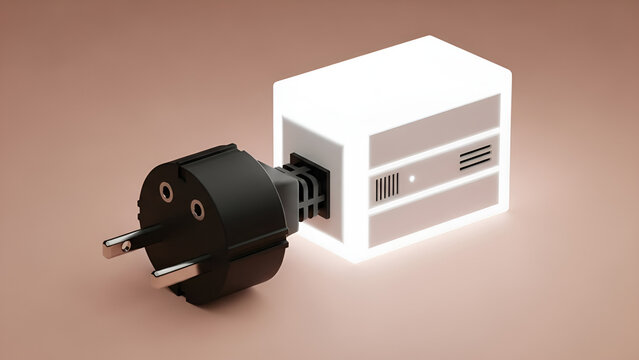 Black power plug connecting to glowing white smart adapter cube.