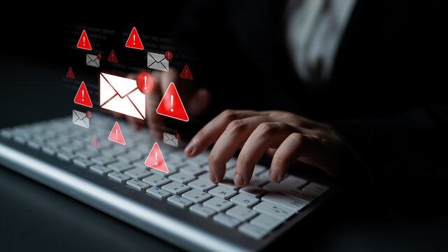 Concept of a cybersecurity warning for unsafe email communication. This alert signifies a phishing attack, spam, or malware risk that requires immediate attention to prevent fraud. Fermion