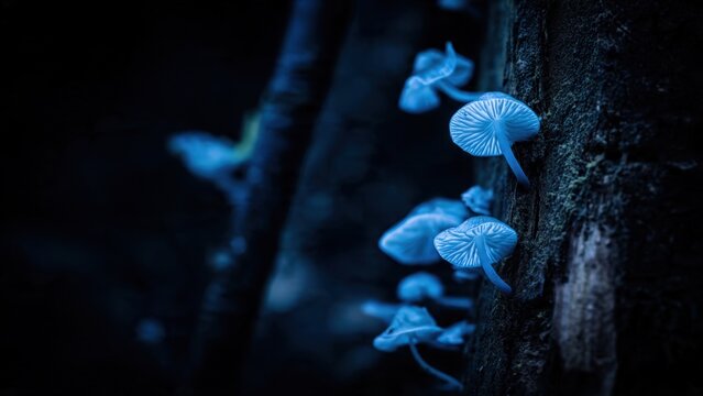 Blue Glowing Mushrooms on Tree Trunk - Powered by Adobe