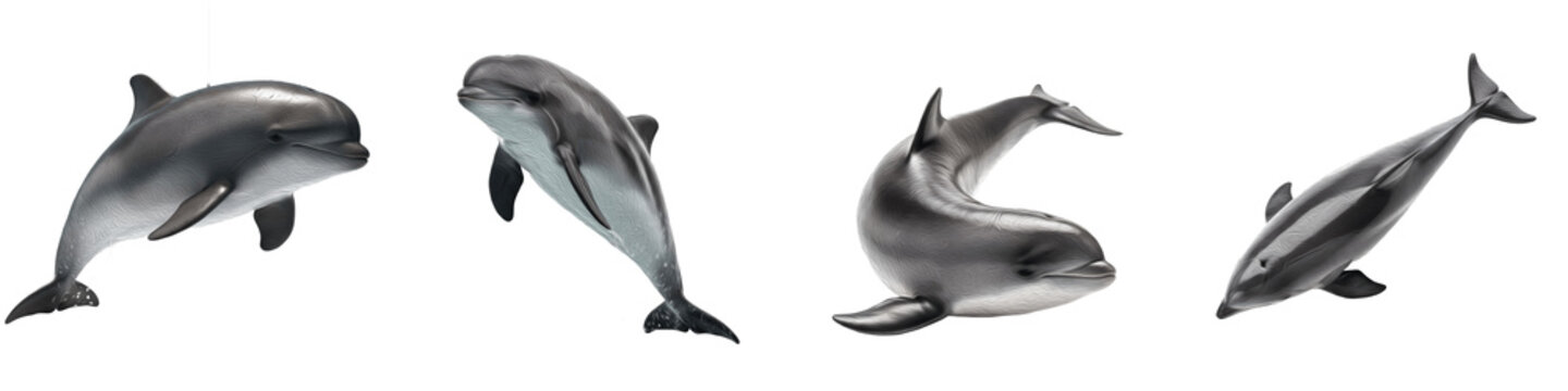 Four Porpoise Calf Poses PNG Set Isolated on White Background - Realistic Cetacean Graphics for Marine Biology, Ocean Ecology, and Science Education