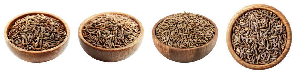 A collection of four wooden bowls filled with cumin seeds. The seeds are a warm brown color and the bowls are made of wood. The close-up shot shows the texture of the seeds and the grain of the wood.
