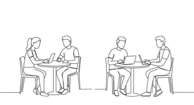 Line drawing of two men and one woman working on laptops sitting at tables in a cozy indoor cafe on a transparent background