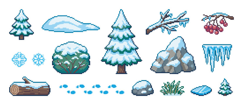Pixel art winter nature elements collection featuring snow-covered fir trees, stones, a log, icicles, and snowflakes in a classic 8-bit retro video game style
