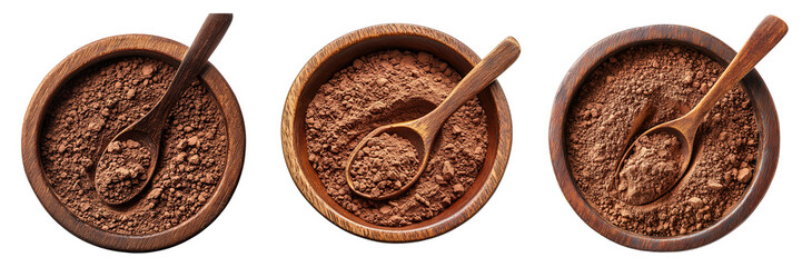 Three bowls filled with cocoa powder are presented, each with a wooden spoon resting inside. The arrangement gives a clean, minimalist feel, ideal for highlighting the product.