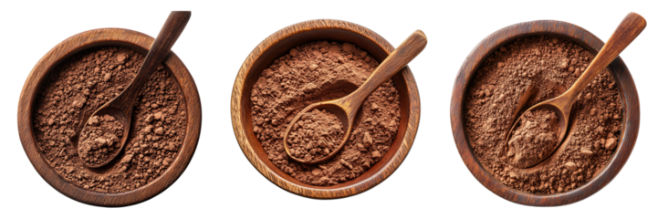 Three bowls filled with cocoa powder are presented, each with a wooden spoon resting inside. The arrangement gives a clean, minimalist feel, ideal for highlighting the product.