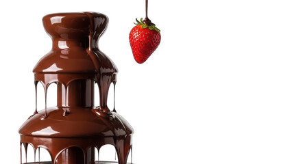A chocolate fountain cascades, a strawberry suspended for dipping, on black background