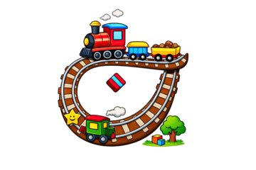 A toy train with red, blue, and yellow cars travels along a brown track in a loop with a green tree and a red diamond shape
