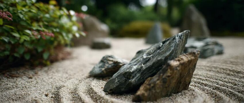A tranquil Zen garden featuring rocks and meticulously raked sand.
