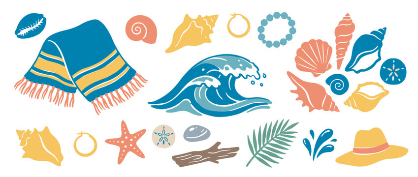 Colorful collection of hand-drawn beach elements including a towel, wave, seashells, starfish, and sun hat in a flat vector illustration style for summer vacation concepts