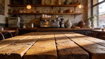 Cozy rustic wooden table in a charming cafe setting with natural light and warm ambiance