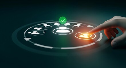 Hand touching holographic interface with user and checkmark user checkmark green