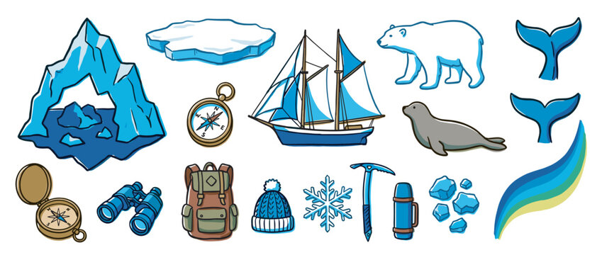 Collection of arctic exploration and winter adventure icons including a polar bear, iceberg, ship, and compass, drawn in a colorful cartoon doodle style for travel concepts