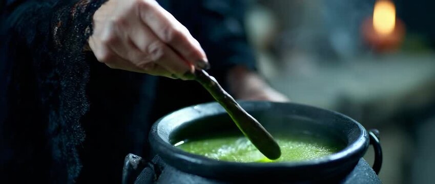 A witch stirs a bubbling green potion in an ancient cauldron.