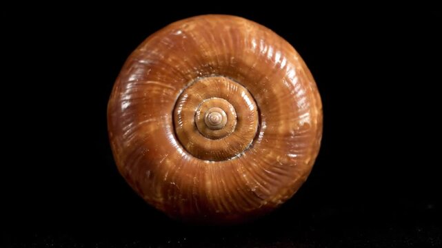 Extreme close up of a brown snail shell with a perfect spiral shape rotating slowly. Detailed view of the texture and pattern