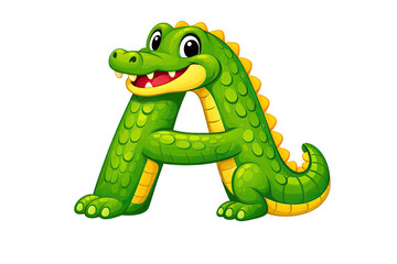 Fototapeta premium Alligator shaped like the letter a with visible teeth and cartoon style on a white background showing the full image