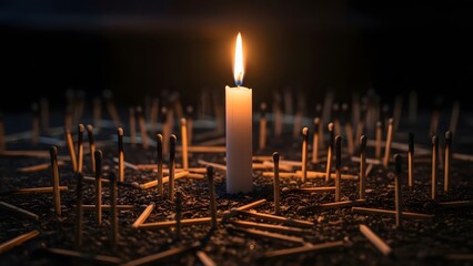 Single lit candle surrounded by burnt matchsticks on a dark background softly glowing