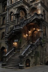 Obraz premium A city block with a building and stone stairs, in the style of gothic