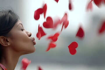 African American woman blowing red heart petals in soft daylight