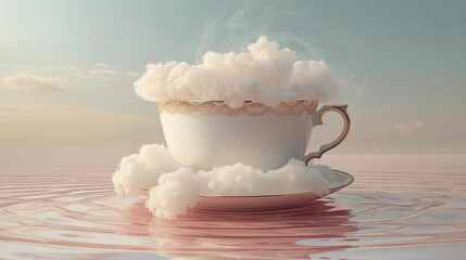 Porcelain teacup overflowing fluffy white clouds on pink rippling water