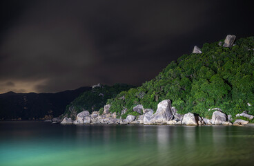 Green island with rocks at night with night sky