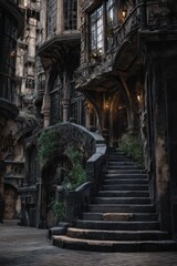 Fototapeta premium A city block with a building and stone stairs, in the style of gothic