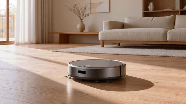 Autonomous robot vacuum cleaner cleaning wooden floor in modern living room interior with sofa and natural light. Concept of smart home technology, automated housekeeping, and everyday comfort