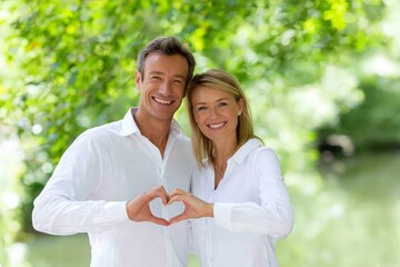 Fototapeta premium Couple makes heart shape with hands outdoors in nature