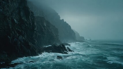 Moody coastline with cliffs and ocean waves