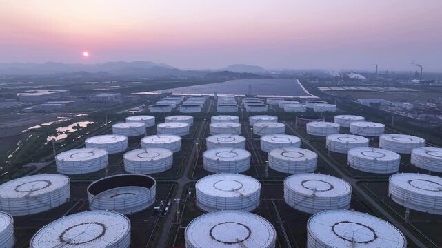 White oil storage tanks in industrial zone