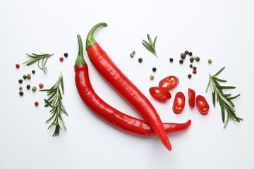 Red chili peppers, rosemary and peppercorns on white background, flat lay