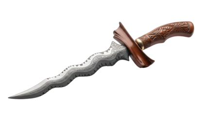 A wavy-bladed dagger with ornate hilt and guard, set against a black backdrop