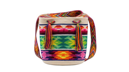 A vibrantly patterned woven shoulder bag with a colorful strap and decorative tassels