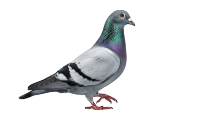 A well-detailed pigeon in profile with iridescence on its neck against a black background