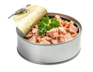Canned tuna in metal can isolated on transparent background