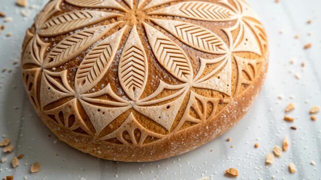 Intricate Engraving on Round Bread with Detailed Leaf Patterns Evokes Easter Celebration and Spirit with Beautifully Engraved Loaf Design