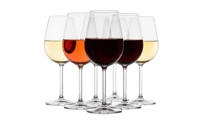 Assortment of wine glasses with various colored beverages on a dark background