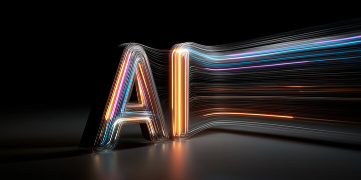 3D glowing "AI" typography composed of luminous fiber-optic cables and neon light trails. The vibrant energy strands stream into a dark, cinematic space, symbolizing digital power.