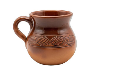 Ceramic brown mug with handle, patterned embellishments, set against a black backdrop