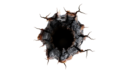Close-up of a dark, charred hole with radiating cracks, isolated on black